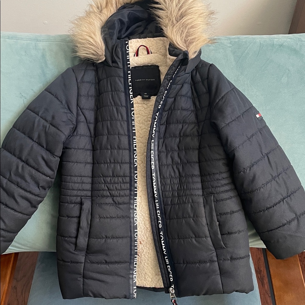 Tommy Hilfiger Kids Navy Puffer Jacket with Faux Fur Hood